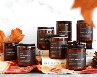 Velas de soja con aroma otoñal: Calabaza especiada, tarta de manzana, noches de fogata, aromas de otoño / Decoración acogedora para el hogar. Regalo de última hora. Velas de otoño de 113 g y 227 g.