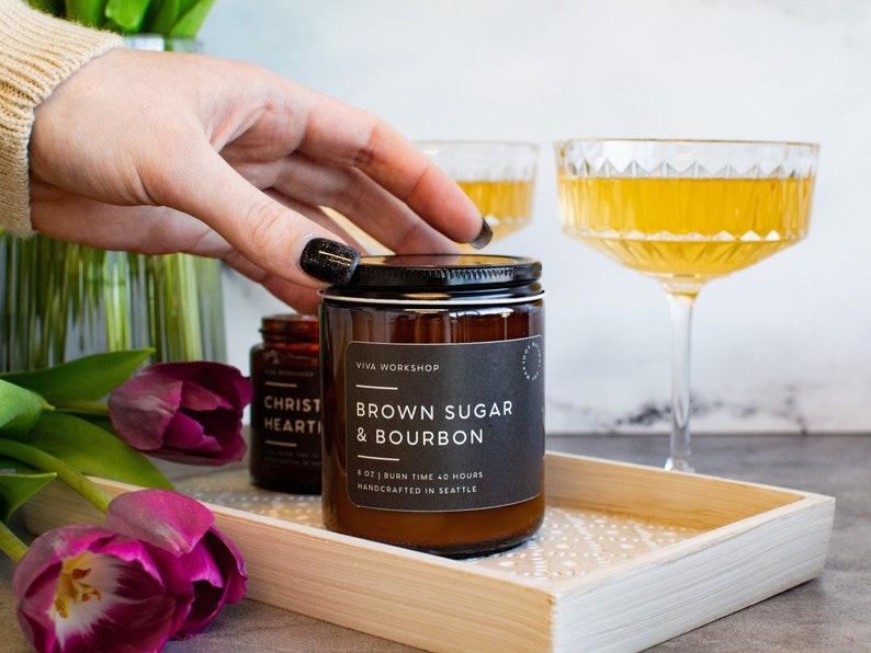 Brown Sugar & Bourbon Soy Wax Candle in Amber Jar - Sweet Smoky Aromatherapy Gift for Him - Father's Day Gift - Handcrafted in Seattle, WA