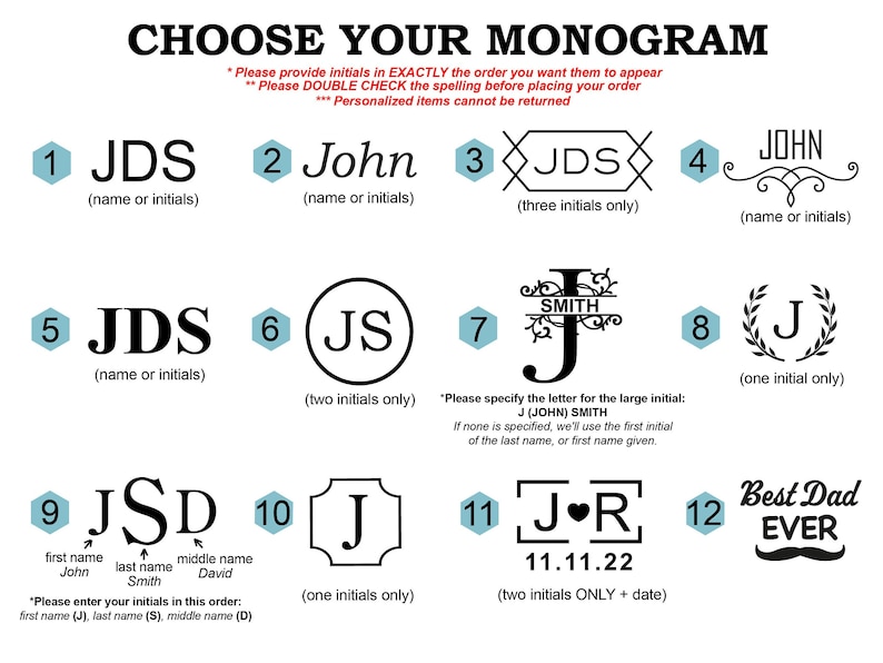 Peut inclure: Une image pr&eacute;sentant 12 options de monogrammes. Le texte "CHOOSE YOUR MONOGRAM" est en haut. Chaque option comprend des initiales ou des noms, avec des exemples comme "JDS", "John" et "Best Dad EVER". Des instructions sont &eacute;galement incluses.