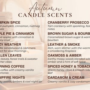 Puede incluir: Una lista titulada Autumn Candle Scents que presenta diez descripciones de fragancias: Pumpkin Spice, Apple Pie & Cinnamon, Cozy Weather, Fallen Leaves, Morning Coffee, Campfire Nights, Cranberry Prosecco, Brown Sugar & Bourbon, Leather & Smoke, Oakmoss & Amber, Spiced Honey & Tobacco y Cardamom & Cream.