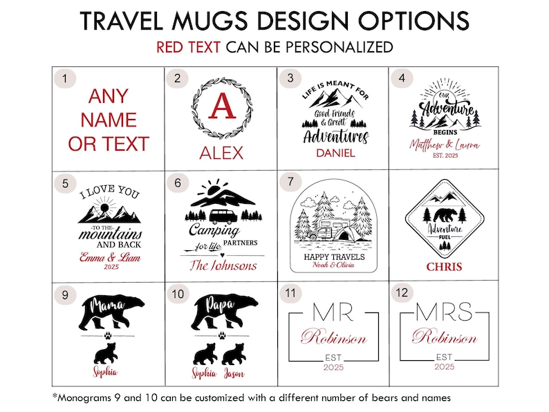 Puede incluir: Una selecci&oacute;n de opciones de dise&ntilde;o de tazas de viaje con texto personalizable. Los dise&ntilde;os incluyen texto como "Any Name or Text", "Alex", "Life is meant for Good Friends & Great Adventures", y temas de camping y aventura. El texto es negro, con algunos acentos rojos.