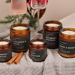 Holiday Soy Candles, Christmas Gift Candle, Winter Home Decor, Hostess Gift, Hand-Poured Non-Toxic Candle in Amber Jar, Made in Seattle