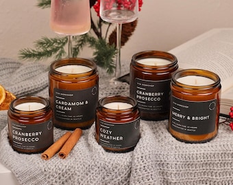Holiday Soy Candles, Christmas Gift Candle, Winter Home Decor, Hostess Gift, Hand-Poured Non-Toxic Candle in Amber Jar, Made in Seattle