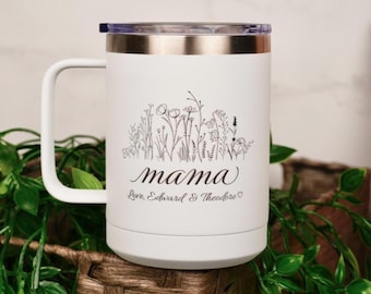 Personalized Mom Travel Mug Mother's Day Gift Idea | Custom Name Coffee Mug with Kids Names | Insulated 15 oz Tumbler Gift for Mom |
