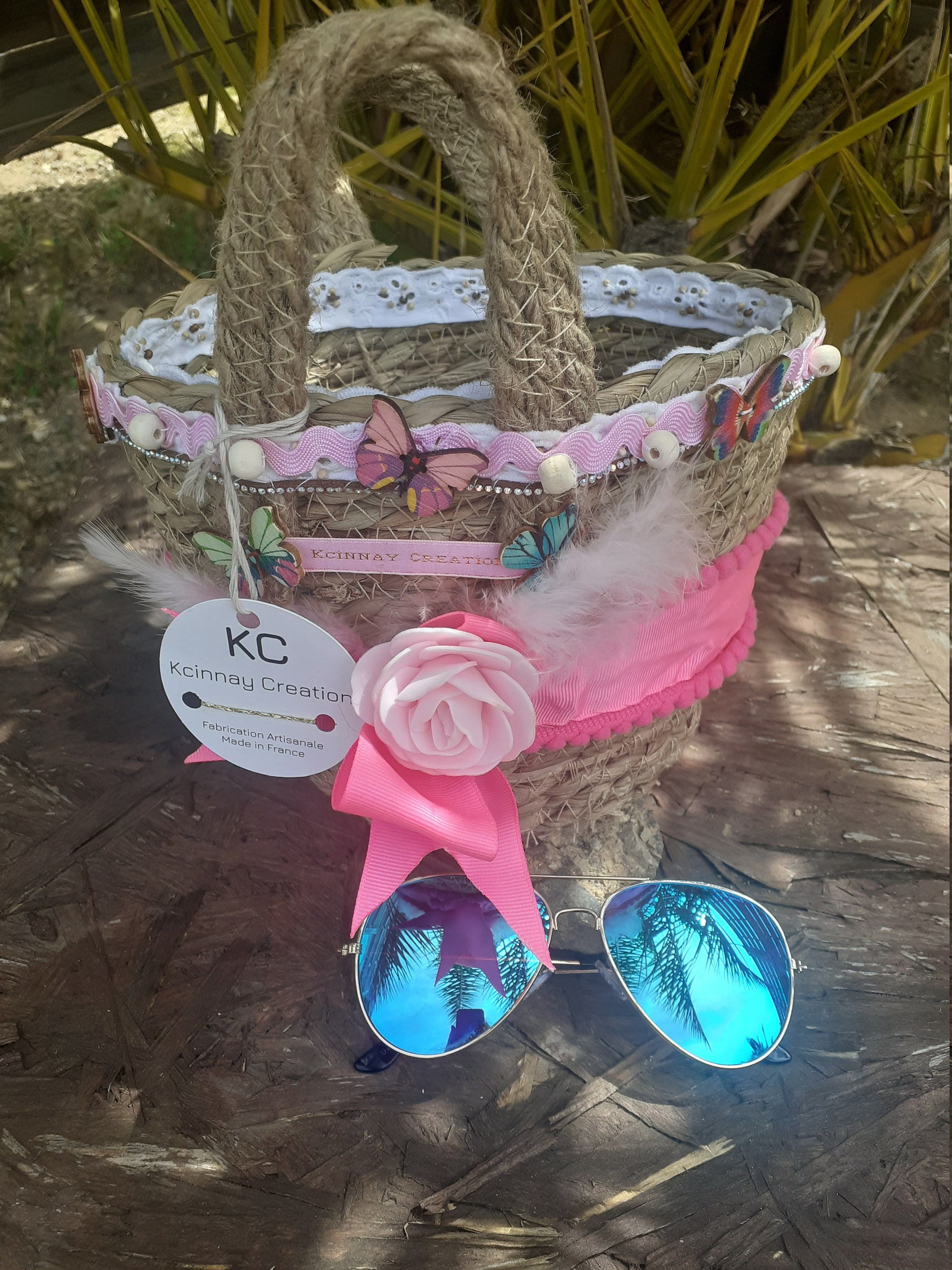 Petit Panier Thème Rose et Plume. Ref Kc112