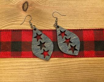 Stepping Stars Wood Earrings | Lightweight | Patriotic | July 4th | Americana | Fish hook