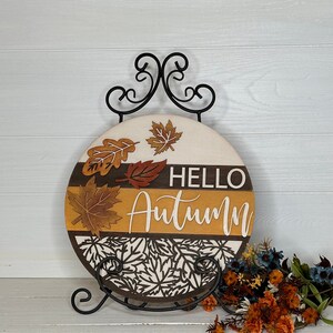 Hello Autumn Falling Leaves 3D Door Hanger, for wreath hanger, Home Decor, sign, Housewarming, Fall, Autumn, Thanksgiving, Tabletop, leaves
