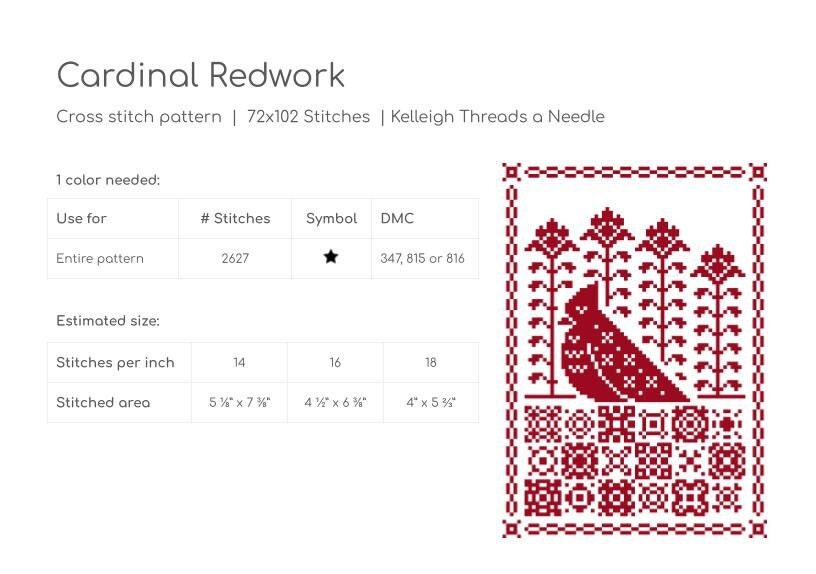 Cardinal Redwork Counted Cross Stitch Pattern Digital PDF Download ...