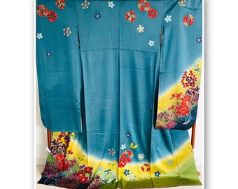 vintage kimono, furisode, gorgeous pattern, green, blue, cherry, camellia, iris, fine, elegant shade, bridal, golden, floral pattern, mari, unusual color