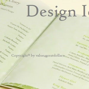 May include: A green and white wedding program booklet with the title "Wedding Party" and a list of the bridal party members. The booklet is open to reveal the names of the parents of the bride and groom, bridesmaids, and groomsmen.