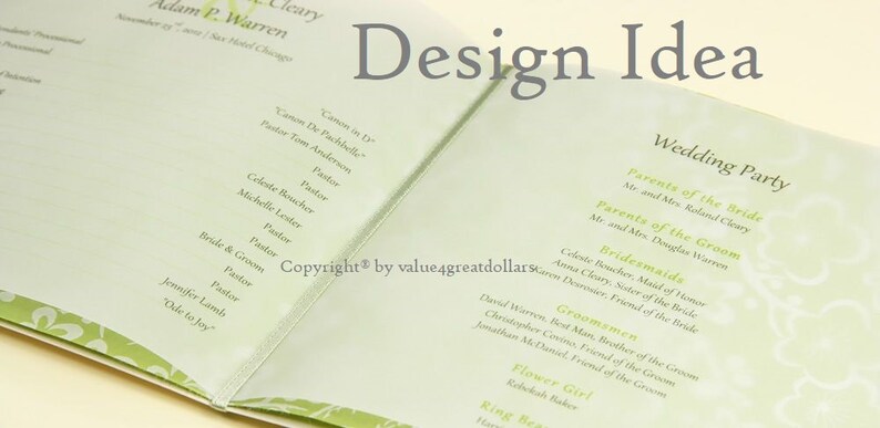 May include: A green and white wedding program booklet with the title "Wedding Party" and a list of the bridal party members. The booklet is open to reveal the names of the parents of the bride and groom, bridesmaids, and groomsmen.