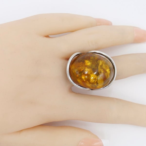 80s Designer Ring Amber Silver 925 Gr. 58 Women's Head G Gdansk Poland