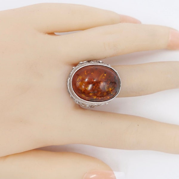 80s Designer Ring Amber Silver 925 Gr. 56 Women's Head G Gdansk Poland