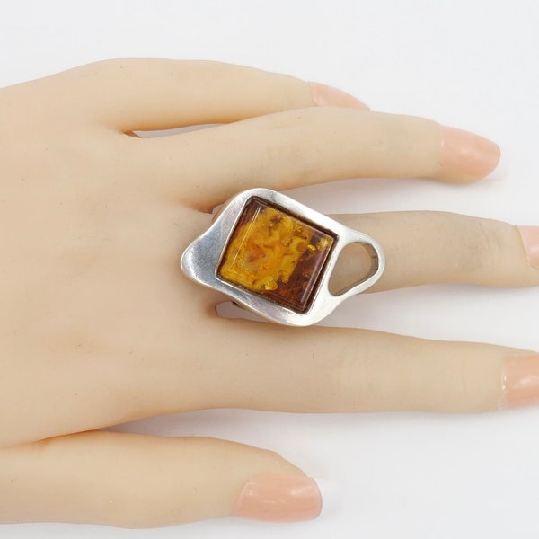 80s Designer Ring Amber Silver 925 Gr. 53 Women's Head G Gdansk Poland