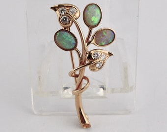Floral 585 14K Yellow Gold Brooch with Opal and 0.66 Ct Brilliants x 50 mm Flower