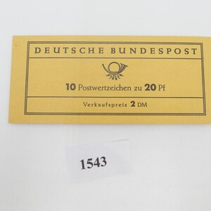 Könnte beinhalten: Ein gelbes Blatt Papier mit dem Text "DEUTSCHE BUNDESPOST" oben. Der Text "10 Postwertzeichen zu 20 Pf" und "Verkaufspreis 2 DM" ist ebenfalls sichtbar. Das Blatt hat eine schwarz-weiße Illustration eines Horns.