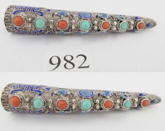 Old China Silver Enamel Fingernail Protection Brooch 8.8cm Coral & Turquoise