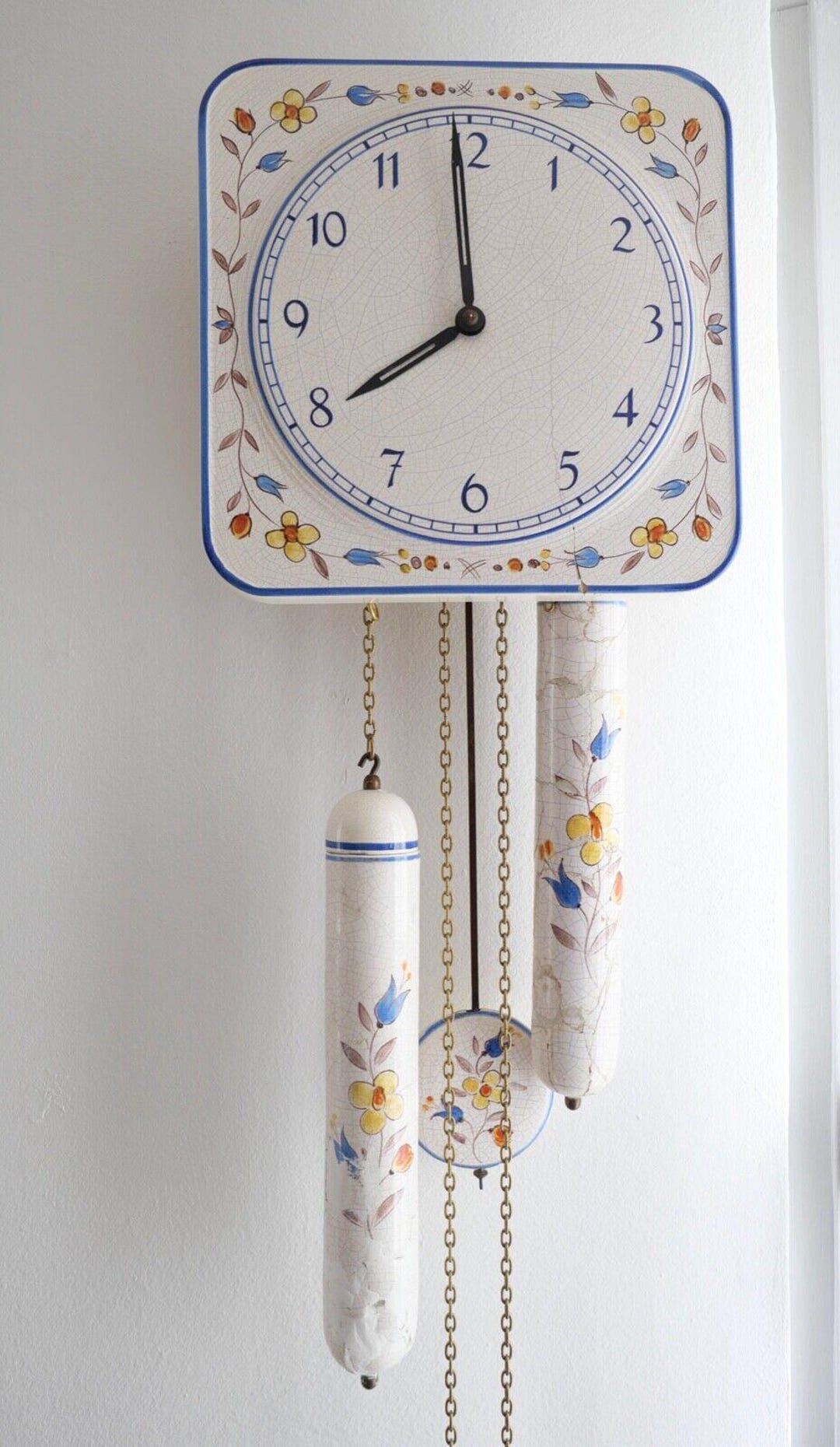 50er Porzellan Wanduhr 94/24 475 Gewichte Blumendekor