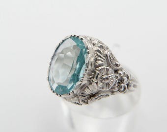 Art Nouveau ladies' ring, 835 silver, size 57, floral, glass stone, turquoise, blue