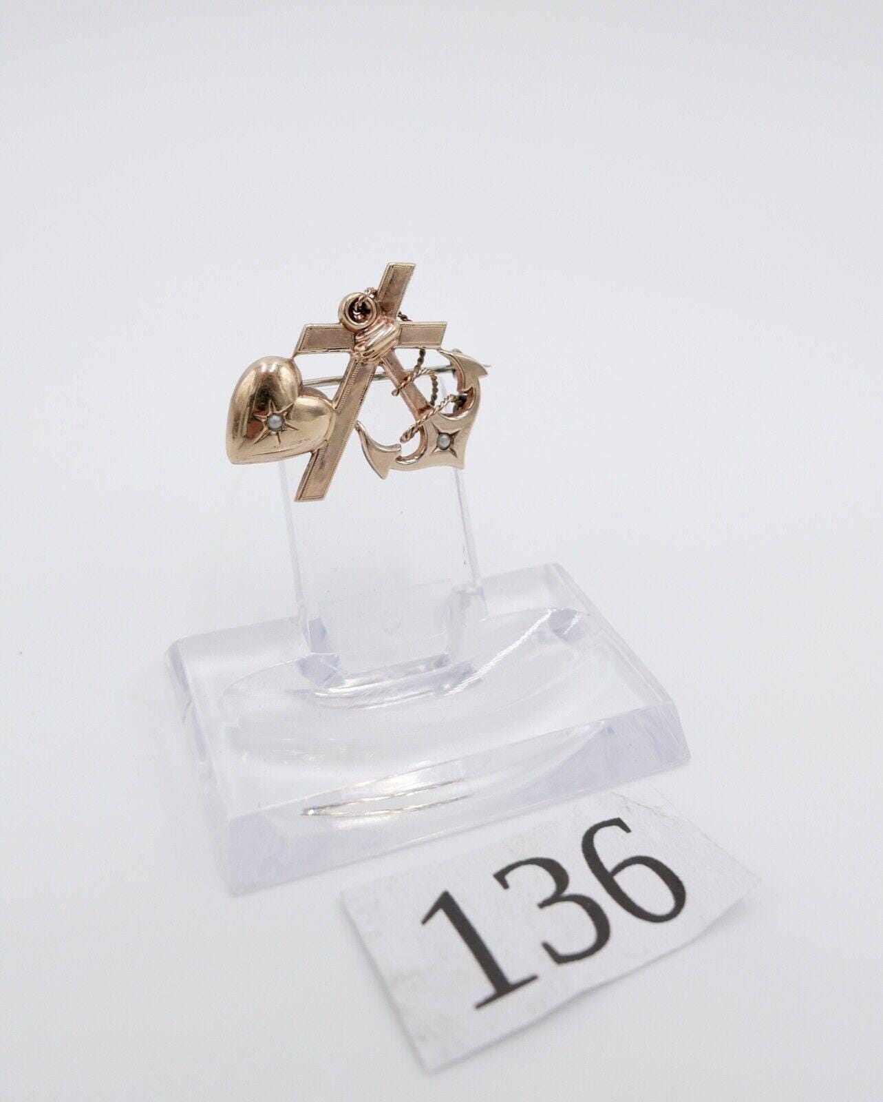 Broche Ancienne Ancre Et Croix En Agate - Plaquée Or, Occasion