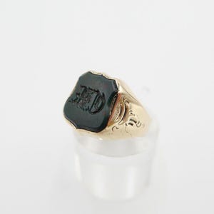 Antique Art Nouveau signet ring circa 1900, blood jasper monogram 585/14K size 57, heliotrope