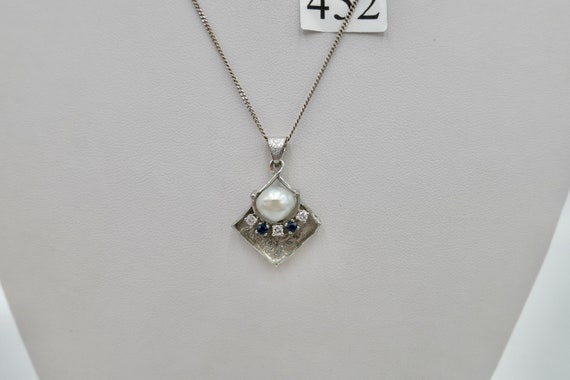 Pearl Brilliant Sapphire Women Pendant 585 14K Wh… - image 8