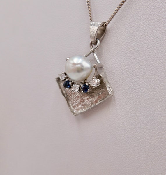 Pearl Brilliant Sapphire Women Pendant 585 14K Wh… - image 2