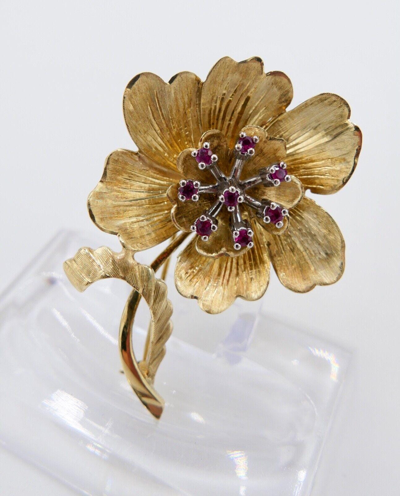 Broche Florale Vintage En Or 18k 750/000 Avec Rubis - 7g - 47x34mm - Occasion