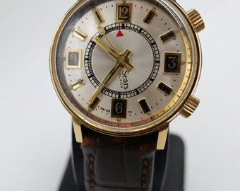 SEARS Mechanical Alarm 1970s Men's Watch Hand-wound With Leather