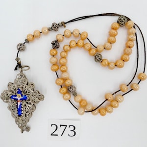 Antique filigree rosary / prayer chain enamel cross silver around 1870