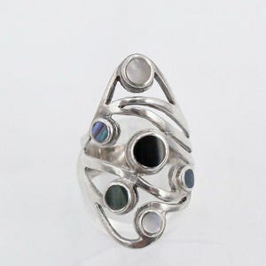 80s silver ring women&#39;s statement ring size 60 silver 925 turquoise malachite mother of pearl