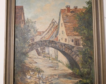 Large oil painting village stream ducks bridge water 83 x 71 cm