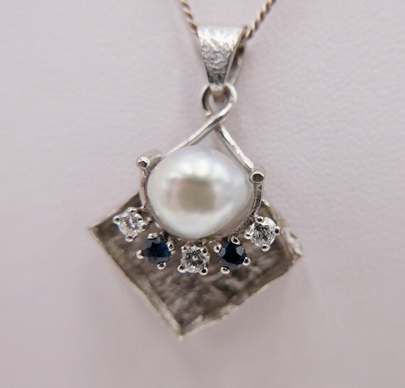 Pearl Brilliant Sapphire Women Pendant 585 14K Wh… - image 3