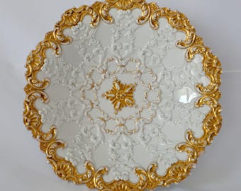 Antique Meissen splendid plate bowl white gold relief staffage Ø 26 cm 19th century