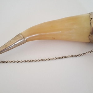 Könnte beinhalten: Ein dekorativer Trinkhorn mit einem silbernen Band und einer Kette. Das Horn ist hellbraun und hat ein silbernes Band mit einem komplizierten Design. Die Kette ist am Band befestigt und aus Silber.