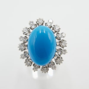 Cocktail ring white gold turquoise & diamond 750 18K US 8 size 57 6.24 ct expertise 2350 Euro