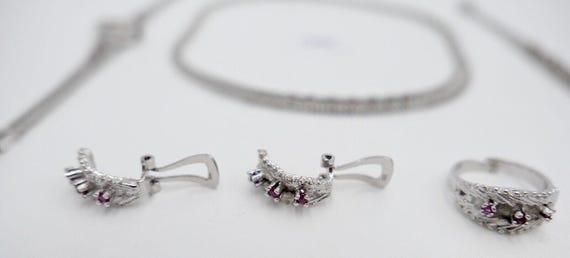835 Silver Ruby Set quot; Bracelet Ring Watch Ear… - image 3