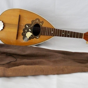 May include: A vintage wooden mandolin with a brown leather carrying case. The mandolin has a floral inlay on the soundboard and a white plastic tuning peg.