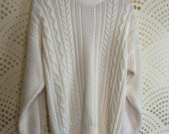 Vintage 80s 90s LARGE Cream Chunky Cable Knit Fisherman Sport Sweater 14-16