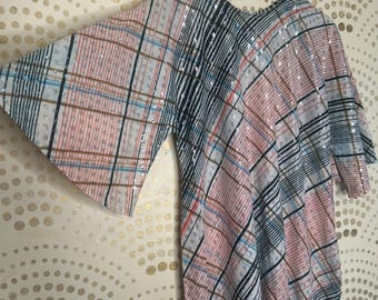 Vintage 60s 70s LARGE Sparkle Stripe Belted Maxi Dress NEW Pocket Short Bell