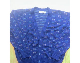 Vintage 90s Med-Large Navy Jantzen Men's Cardigan Rainbow Stitch Preppy Grandpa