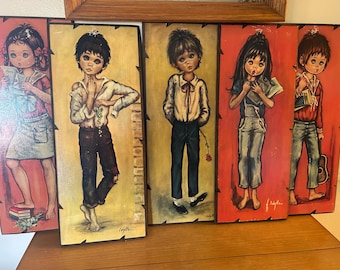 Vintage 60s Big Eye School Children Wall Art Plaques, Set of 5