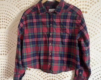Y2K American Eagle Crop Flannel Shirt Plaid Womens MEDIUM Grunge Layer