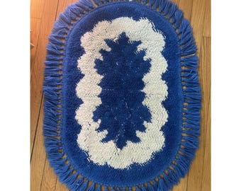 Vintage Oval Blue Fringe Throw Rug Mat Bath Bedroom 36"x25"