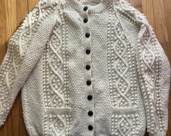 Vintage 2X Thrashed Ivory Wool Cableknit Fisherman Chunky Cardigan Oversized