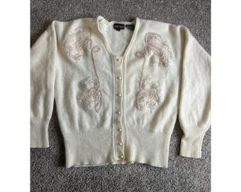 Vintage 80s Ivory Lambswool Angora Soft Victorian Cardigan Sweater SMALL