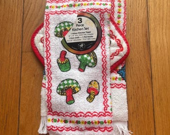 NEW Vintage 70s Mushroom retro Kitchen Towel 3 pc Set potholder, rag, hand towel