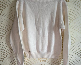 Vintage MINT MED Sweater Minimalist Ivory Snowflake Knit Cabin Ski Wear Classic