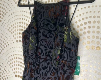 Vintage 90s NEW SMALL Black Flocked Slip Dress Spaghetti WHIMSYGOTH goth Witchy