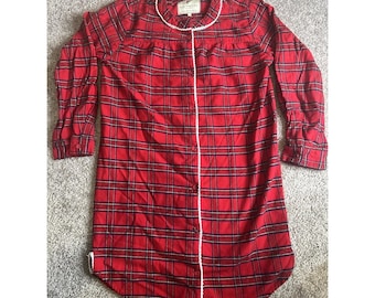 Lee Valley Ireland Red Cotton Flannel Plaid Nightgown SMALL Long  Sleep Shirt
